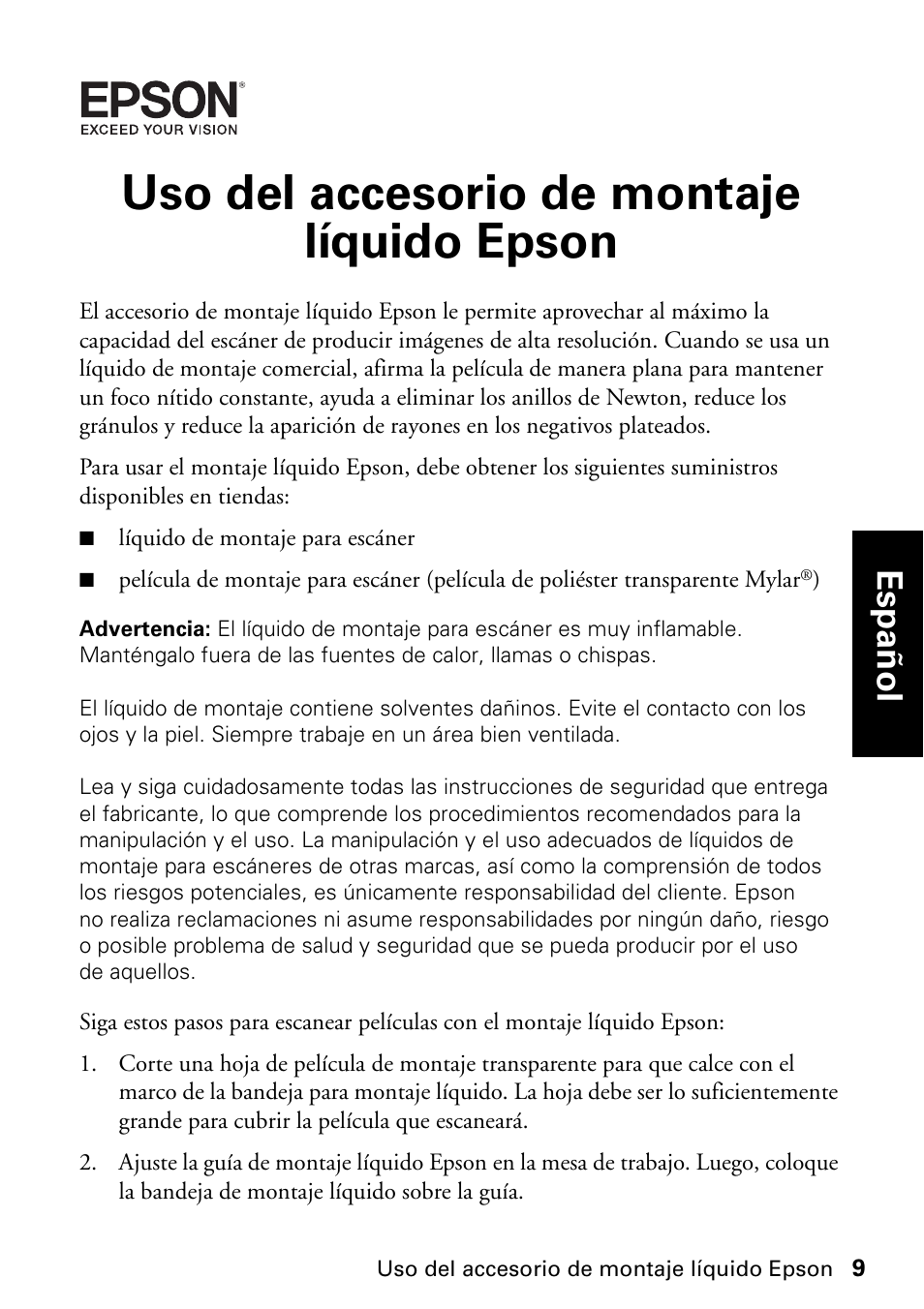 Uso del accesorio de montaje líquido epson, Es pa сol | Epson Fluid Mount User Manual | Page 9 / 16