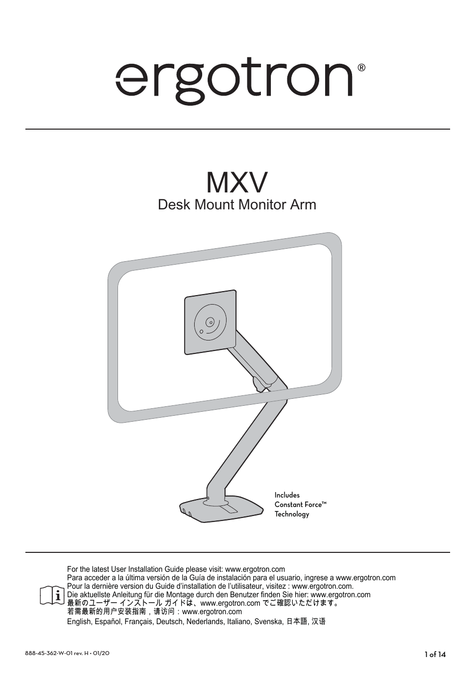 Ergotron MXV Desk Mount Monitor Arm for Displays up to 34" (Black) User Manual | 28 pages