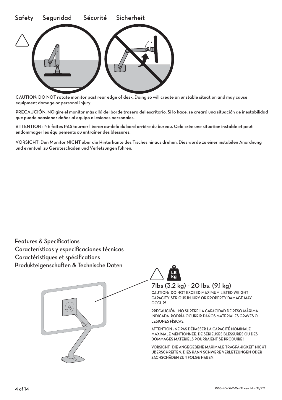 Lbskg-lbskg produkteigenscha en&technischedaten, Sicherheit caractéristiquesetspéciﬁ cations, Sécurité característicasyespeciﬁ cacionestécnicas | Seguridad features&speciﬁ cations, Safety | Ergotron MXV Desk Mount Monitor Arm for Displays up to 34" (Black) User Manual | Page 4 / 28