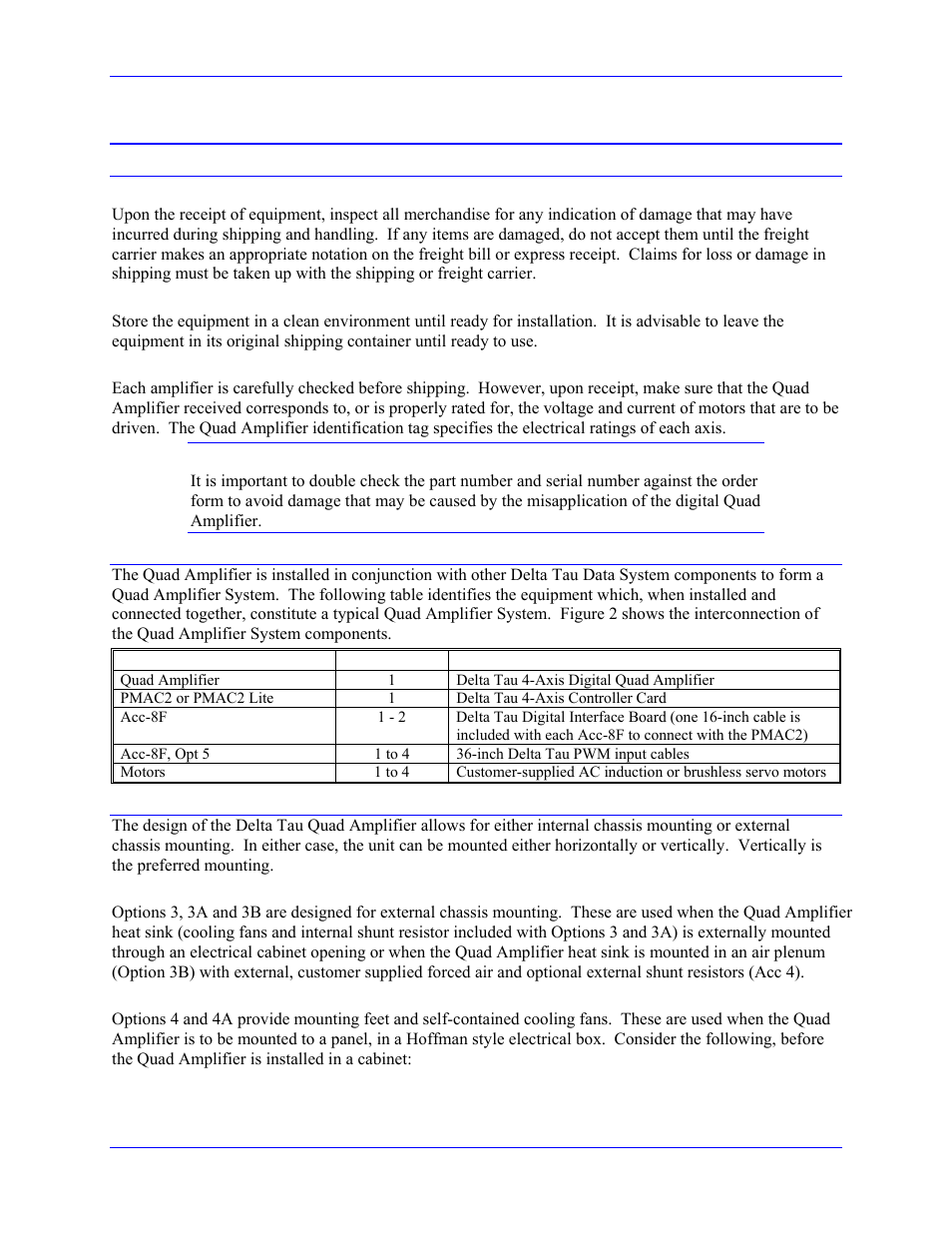 Receiving and handling, Inspection upon receipt, Storage requirements | Prior to installation, Equipment required, Installation considerations and options, Option 3, 3a and 3b (external mount), Option 4 and 4a (internal mount), Getting started | Delta Tau 3Ax-602646-xUxx User Manual | Page 13 / 40