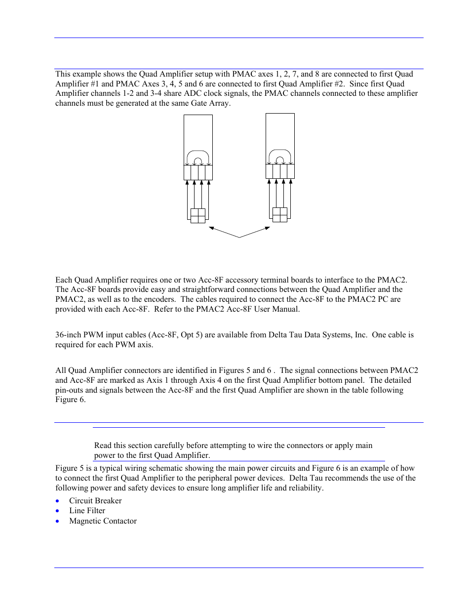 Non-standard quad amplifier setup, Accessory terminal board (acc-8f, acc-24e2), Pwm input cables | Connectors, Connecting power devices | Delta Tau 3Ax-602646-xUxx User Manual | Page 20 / 40