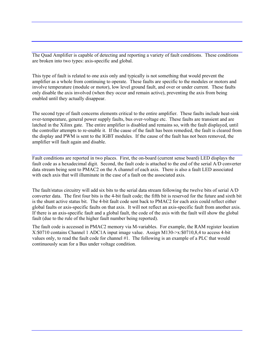 Logic fault detection and fault codes, Axis-specific faults, Global faults | Fault reporting, Serial fault/status data, Troubleshooting | Delta Tau 3Ax-602646-xUxx User Manual | Page 33 / 40