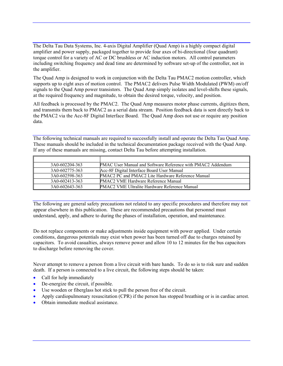 Related technical documentation, Safety summary, Keep away from live circuits | Live circuit contact procedures, Introduction | Delta Tau 3Ax-602646-xUxx User Manual | Page 5 / 40