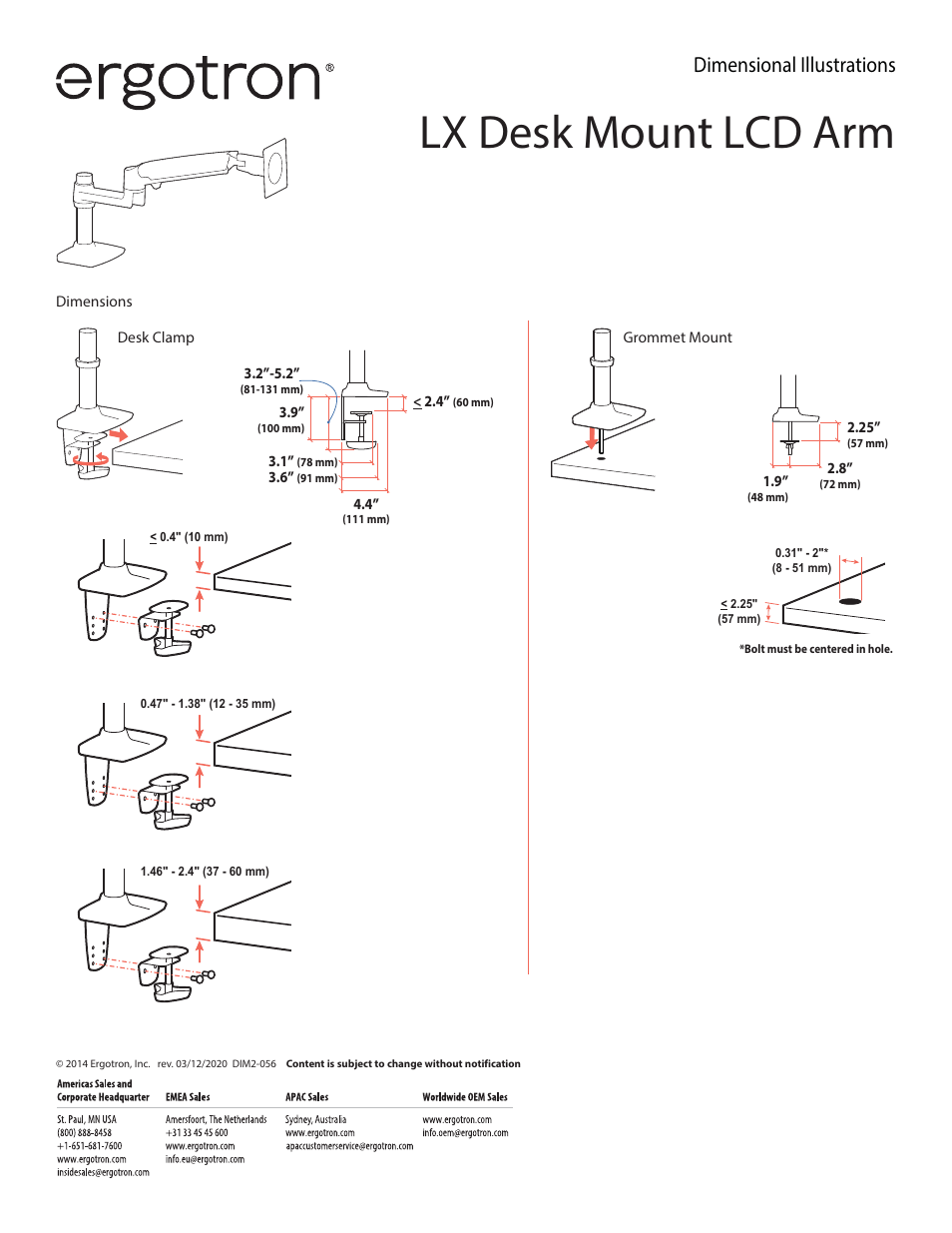 Lx desk mount lcd arm, Dimensional illustrations | Ergotron LX Desk Mount Monitor Arm (Matte Black) User Manual | Page 2 / 3