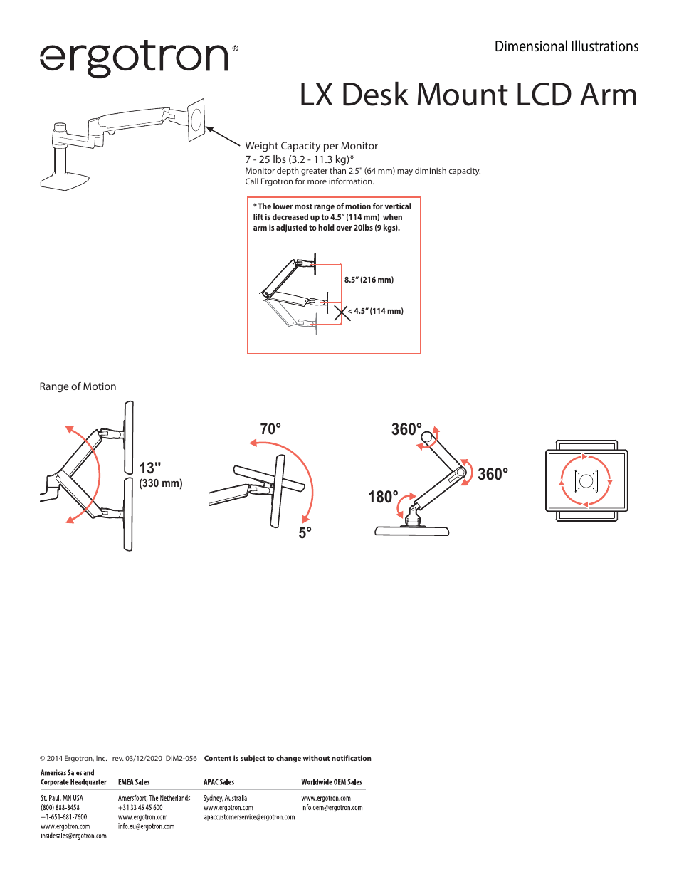 Lx desk mount lcd arm, Dimensional illustrations | Ergotron LX Desk Mount Monitor Arm (Matte Black) User Manual | Page 3 / 3