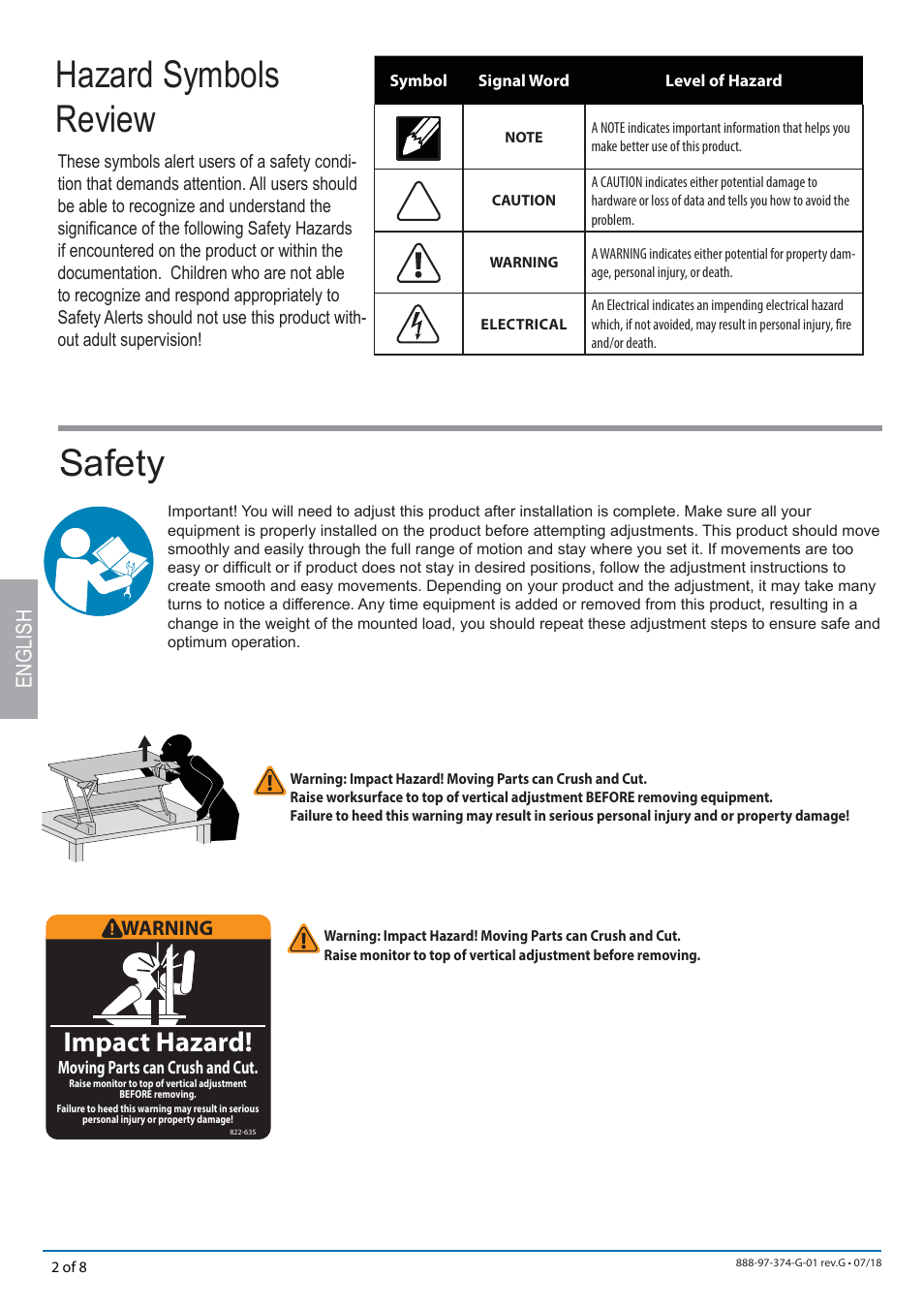 Hazard symbols review, Safety, Impact hazard | English, Warning | Ergotron WorkFit Dual Monitor Kit for WorkFit Standing Desks User Manual | Page 2 / 8