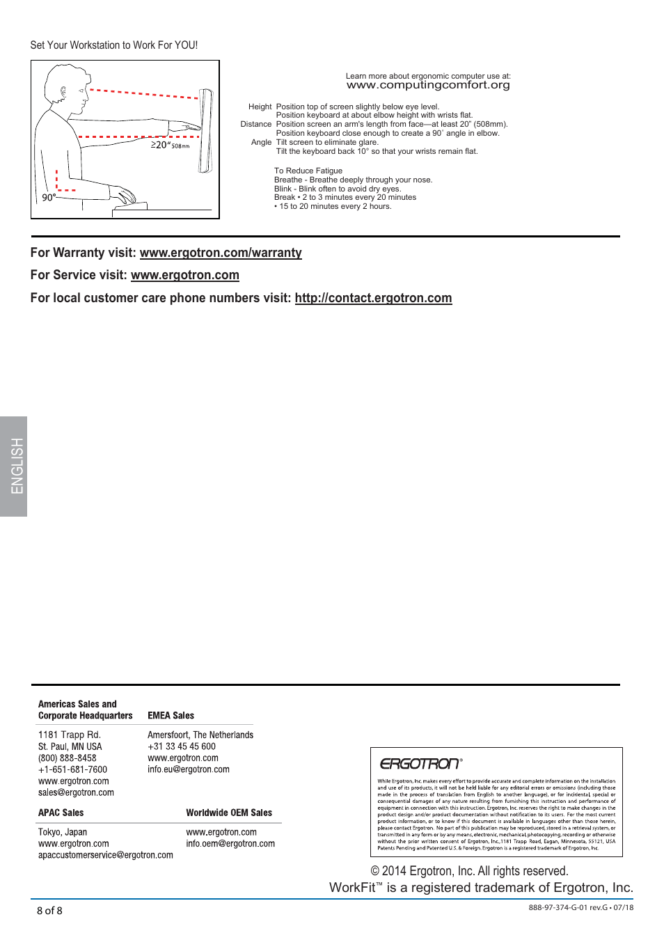 English, 2014 ergotron, inc. all rights reserved. workfit, Is a registered trademark of ergotron, inc | Ergotron WorkFit Dual Monitor Kit for WorkFit Standing Desks User Manual | Page 8 / 8