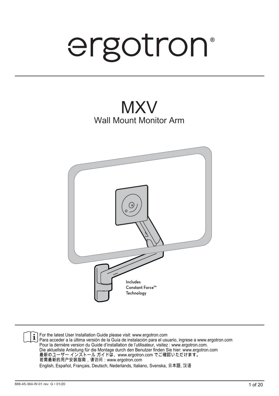 Ergotron MXV Wall Monitor Arm for Displays up to 34" (Matte Black) User Manual | 40 pages