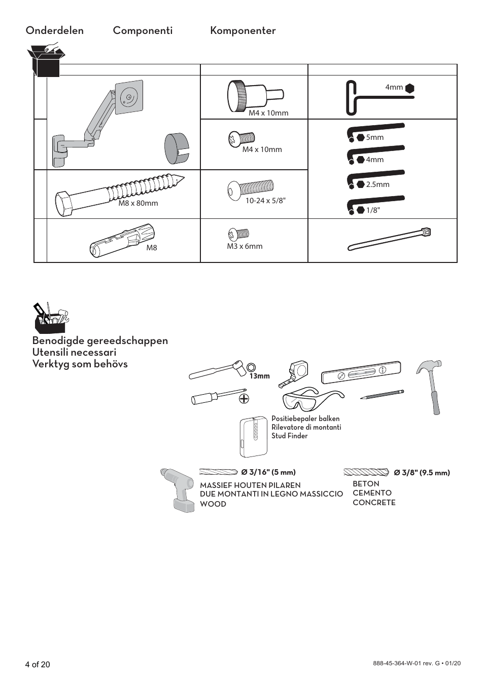 1x 2x, Komponenter verktygsombehövs, Componenti utensilinecessari | Onderdelen benodigdegereedschappen | Ergotron MXV Wall Monitor Arm for Displays up to 34" (Matte Black) User Manual | Page 24 / 40