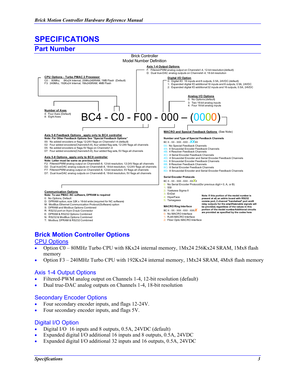 Brick motion controller options, Cpu options, Axis 1-4 output options | Secondary encoder options, Digital i/o option, Specifications, Part number, Four secondary encoder inputs, and flags 12-24v, Four secondary encoder inputs, and flags 5v | Delta Tau 5xx-603869-xUxx User Manual | Page 11 / 50