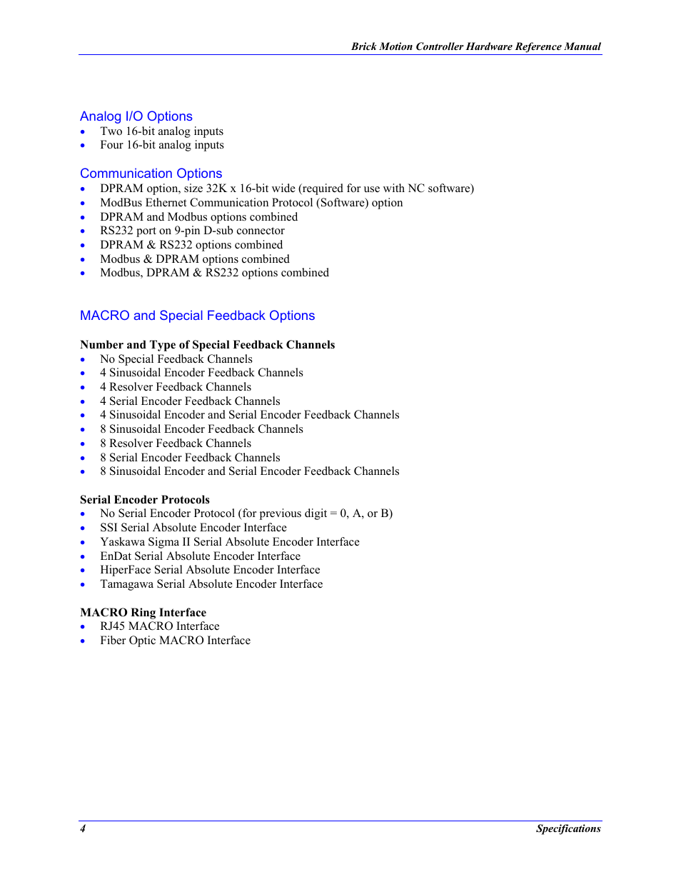 Analog i/o options, Communication options, Macro and special feedback options | Delta Tau 5xx-603869-xUxx User Manual | Page 12 / 50
