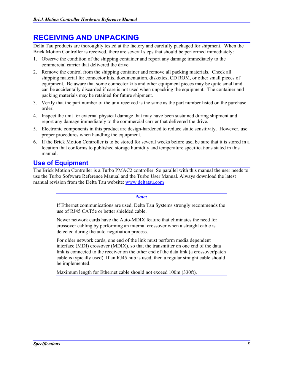 Receiving and unpacking, Use of equipment | Delta Tau 5xx-603869-xUxx User Manual | Page 13 / 50