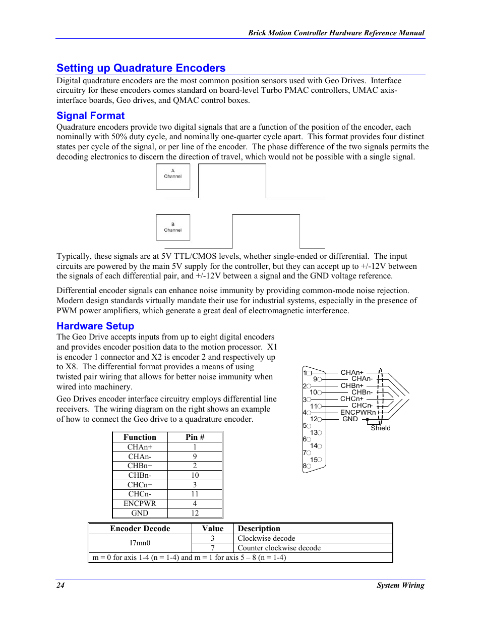 Signal format, Hardware setup, Setting up quadrature encoders | Delta Tau 5xx-603869-xUxx User Manual | Page 32 / 50