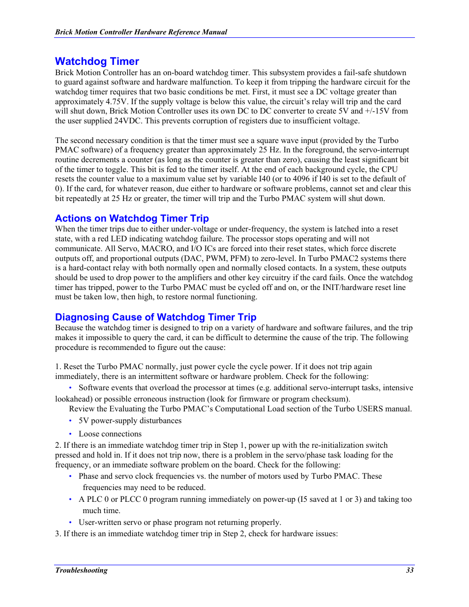 Actions on watchdog timer trip, Diagnosing cause of watchdog timer trip, Watchdog timer | Delta Tau 5xx-603869-xUxx User Manual | Page 41 / 50