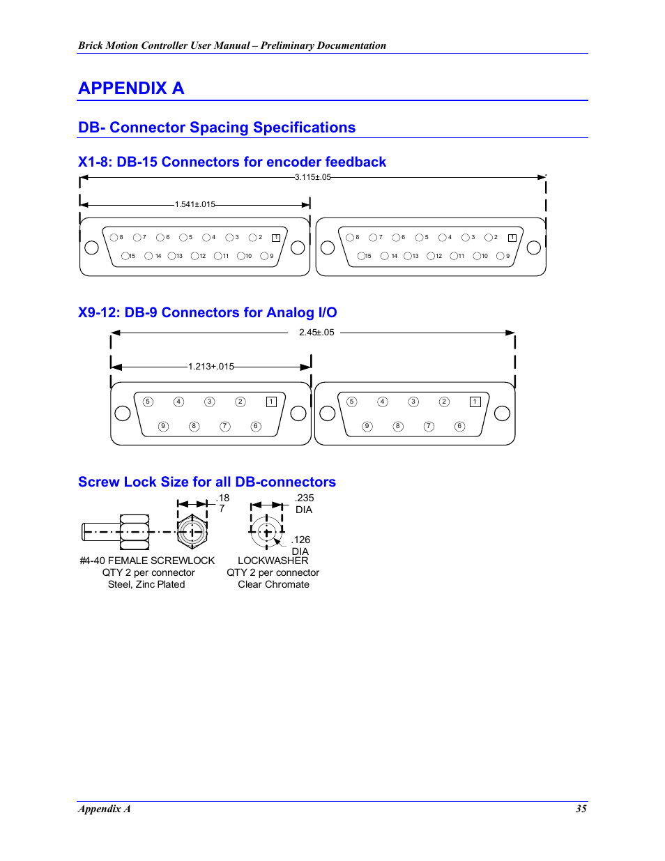 X1-8: db-15 connectors for encoder feedback, X9-12: db-9 connectors for analog i/o, Screw lock size for all db-connectors | Appendix a, Db- connector spacing specifications, Appendix a 35 | Delta Tau 5xx-603869-xUxx User Manual | Page 43 / 50