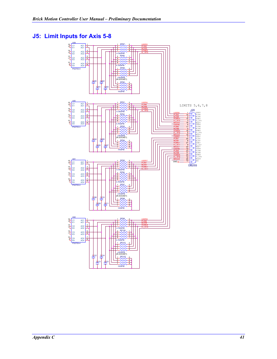 J5: limit inputs for axis 5-8, Appendix c 41, Limits 5,6,7,8 | Delta Tau 5xx-603869-xUxx User Manual | Page 49 / 50