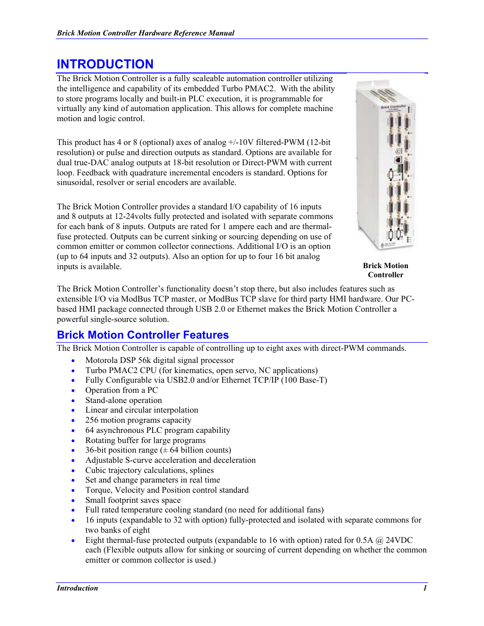 Introduction, Brick motion controller features | Delta Tau 5xx-603869-xUxx User Manual | Page 9 / 50