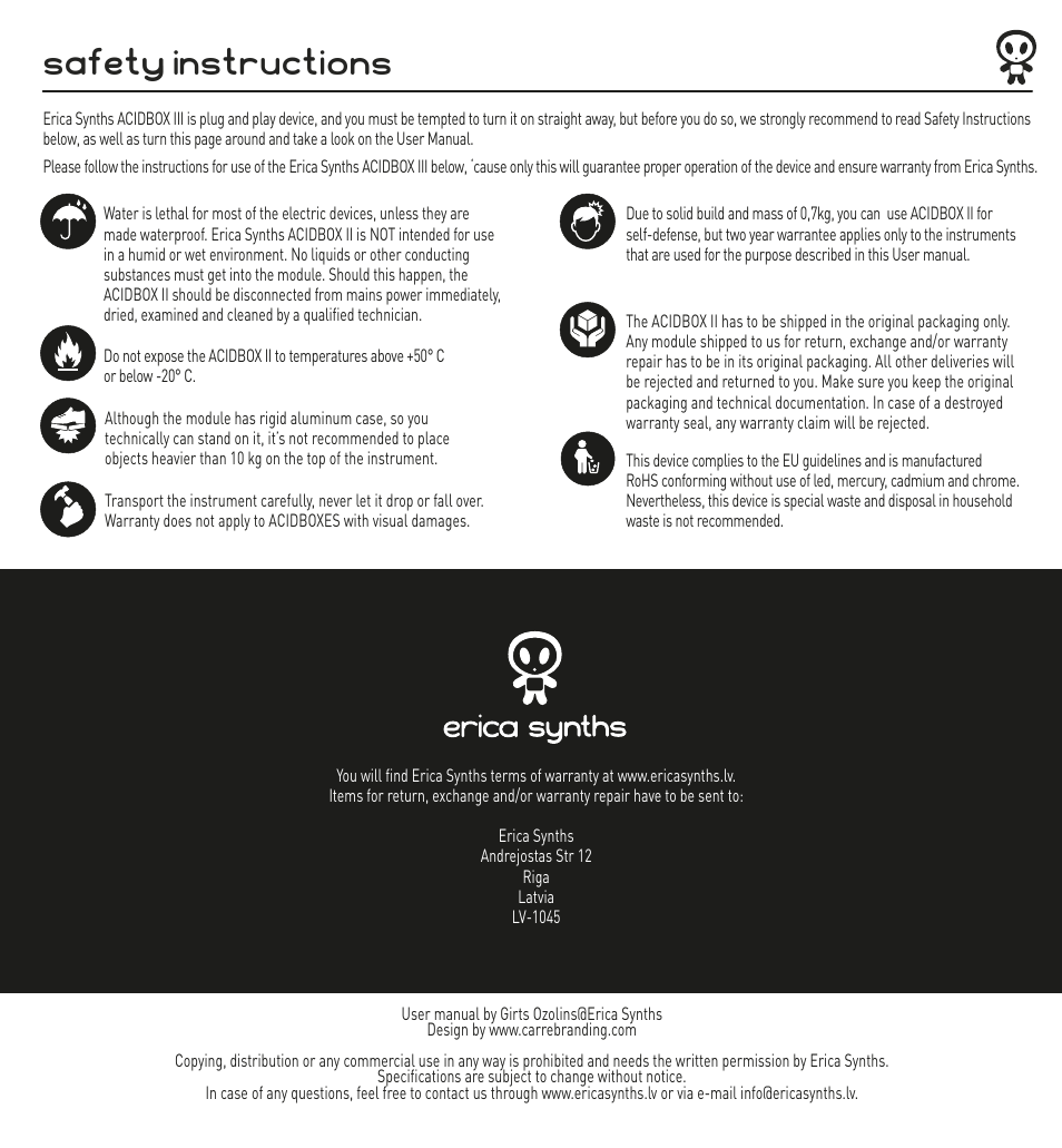 Safety instructions | Erica Synths Acidbox III Desktop Filter FX Processor User Manual | Page 6 / 6