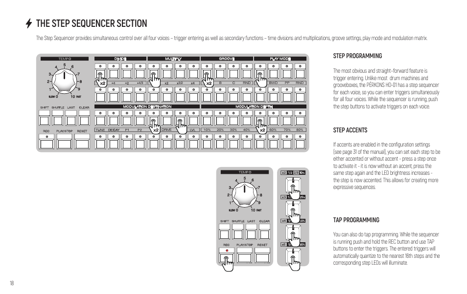 Step programming, Tap programming, Step accents | Erica Synths PERKONS HD-01 Drum Machine Synthesizer User Manual | Page 18 / 36