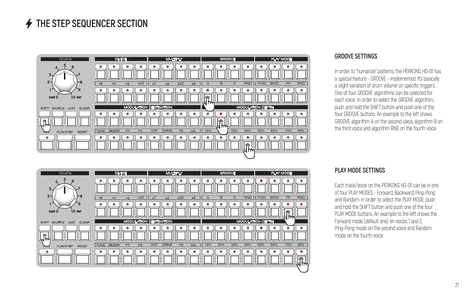 Groove settings, Play mode settings | Erica Synths PERKONS HD-01 Drum Machine Synthesizer User Manual | Page 21 / 36