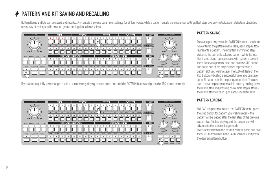 Pattern and kit saving and recalling, Pattern saving, Pattern loading | Erica Synths PERKONS HD-01 Drum Machine Synthesizer User Manual | Page 24 / 36