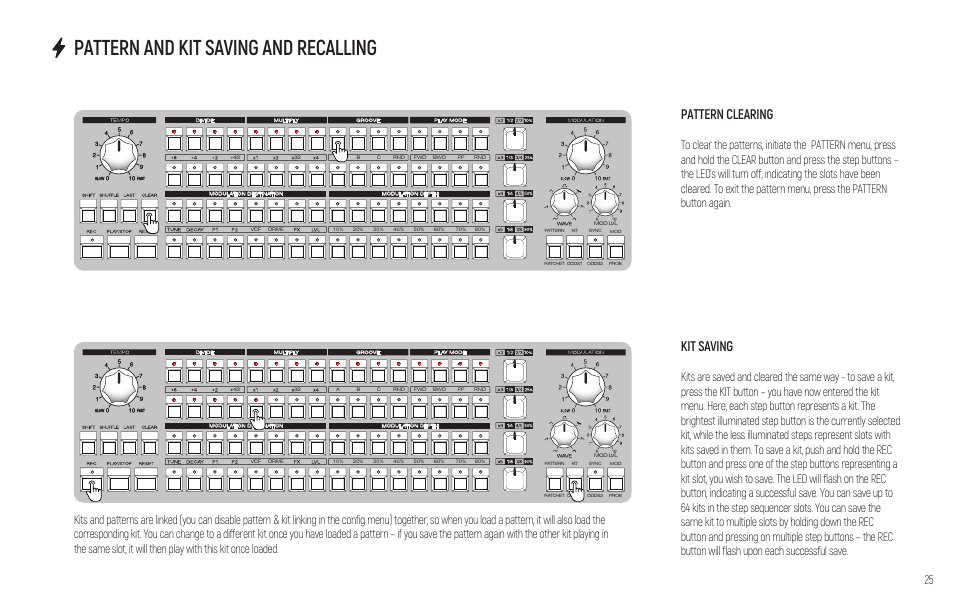 Pattern and kit saving and recalling, Pattern clearing, Kit saving | Erica Synths PERKONS HD-01 Drum Machine Synthesizer User Manual | Page 25 / 36