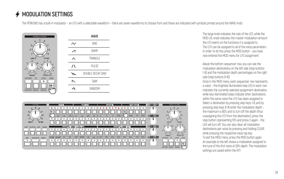 Modulation settings | Erica Synths PERKONS HD-01 Drum Machine Synthesizer User Manual | Page 29 / 36