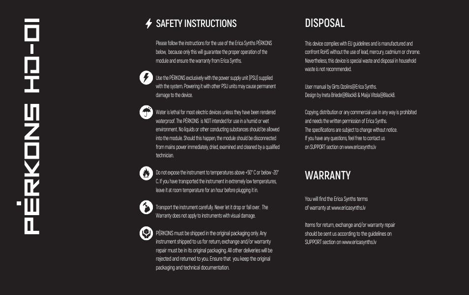 Disposal, Warranty, Safety instructions | Erica Synths PERKONS HD-01 Drum Machine Synthesizer User Manual | Page 36 / 36