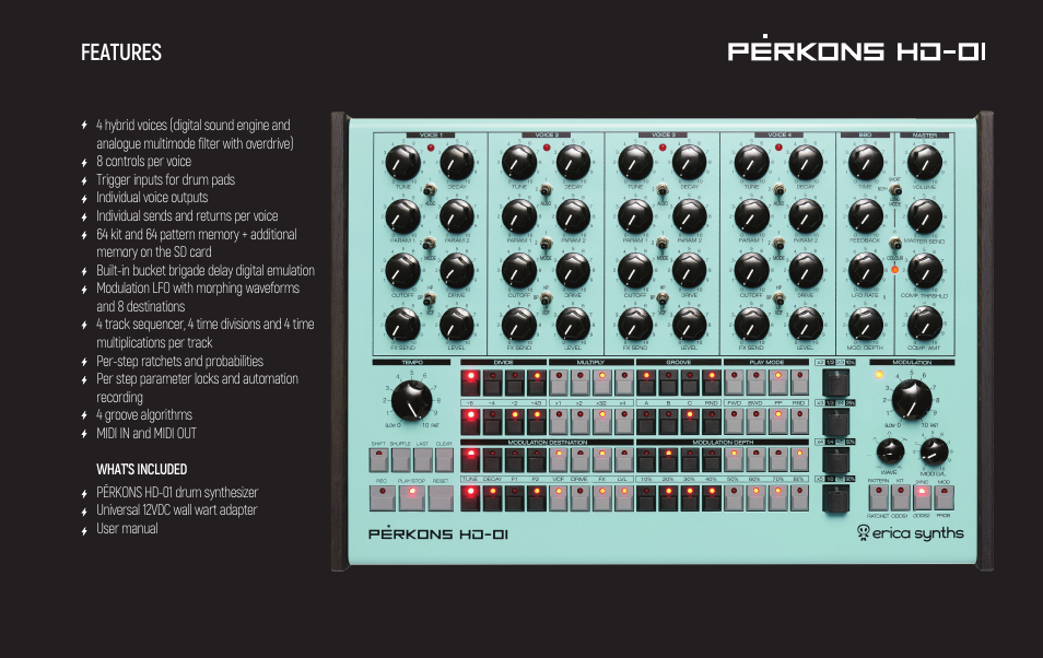 Features | Erica Synths PERKONS HD-01 Drum Machine Synthesizer User Manual | Page 5 / 36