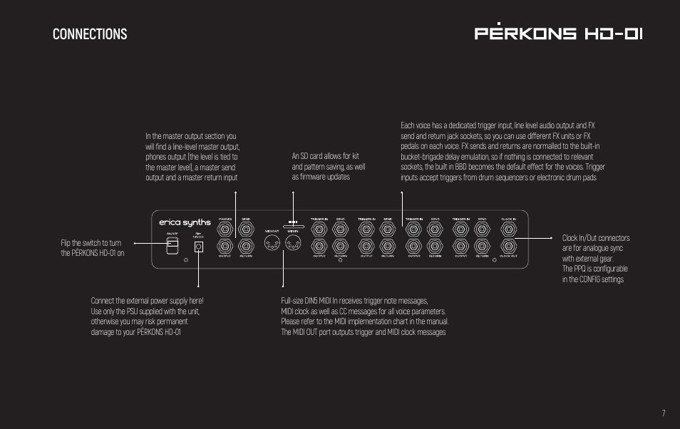 Connections | Erica Synths PERKONS HD-01 Drum Machine Synthesizer User Manual | Page 7 / 36