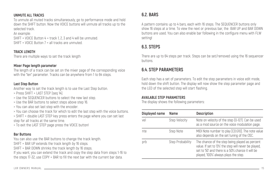 Unmute all tracks track length, Bars, Steps | Step parameters, Available step parameters, Pattern generator mode | Erica Synths LXR-02 Drum Machine Synthesizer User Manual | Page 15 / 44