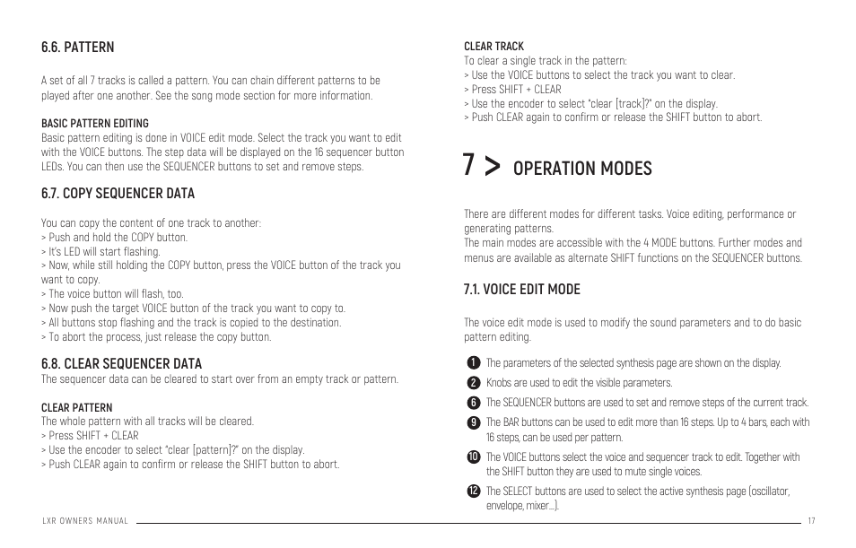 Basic pattern editing, Copy sequencer data, Clear sequencer data | Clear pattern clear track, Operation modes, Voice edit mode, Pattern, Pattern generator mode | Erica Synths LXR-02 Drum Machine Synthesizer User Manual | Page 17 / 44