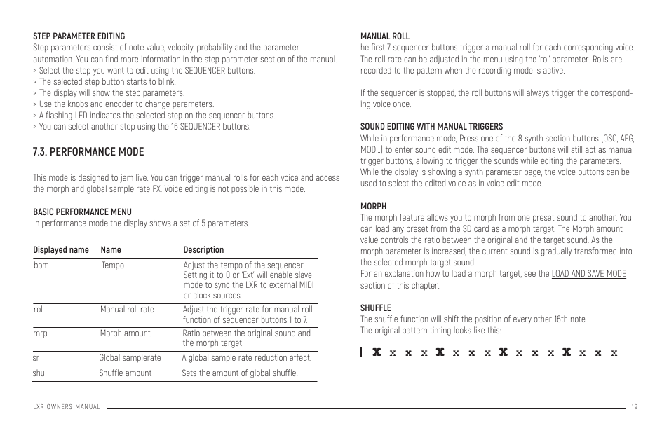 Step parameter editing, Performance mode, Morph shuffle | X x x, X x x x, Pattern generator mode | Erica Synths LXR-02 Drum Machine Synthesizer User Manual | Page 19 / 44