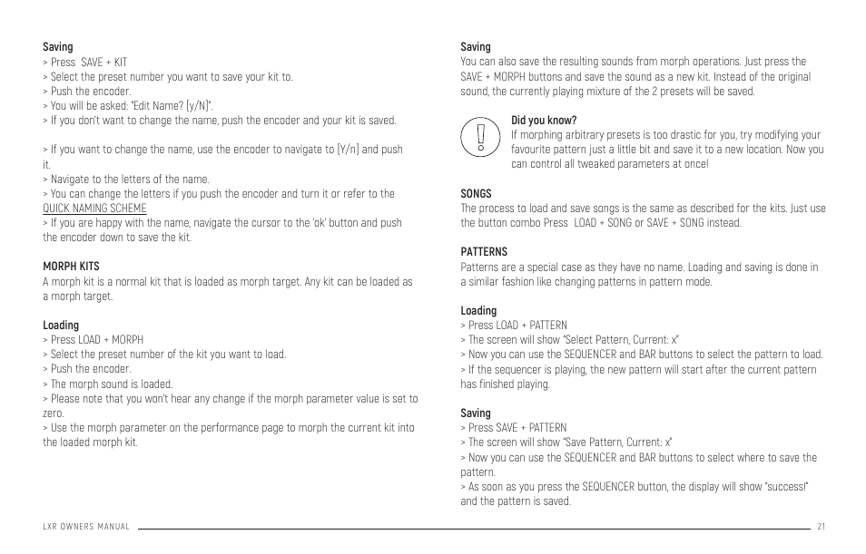 Kits, Morph kits, Songs patterns | Pattern generator mode | Erica Synths LXR-02 Drum Machine Synthesizer User Manual | Page 21 / 44