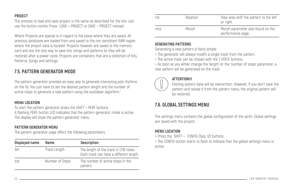 Project, Pattern generator mode, Global settings menu | Menu location | Erica Synths LXR-02 Drum Machine Synthesizer User Manual | Page 22 / 44