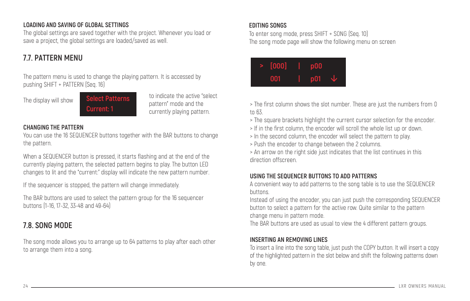 Loading and saving of global settings, Pattern menu, Changing the pattern | Song mode, Pattern generator mode | Erica Synths LXR-02 Drum Machine Synthesizer User Manual | Page 24 / 44