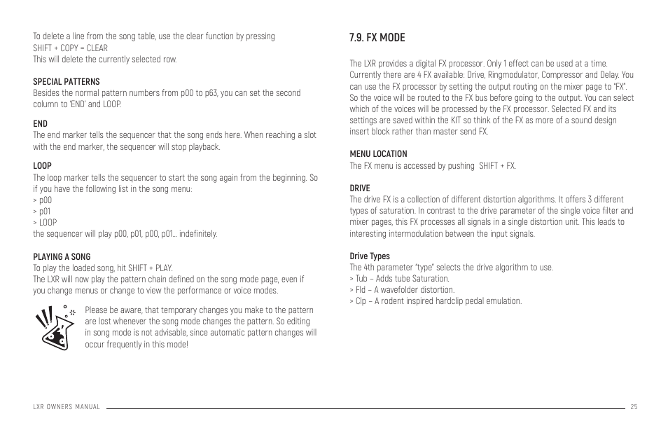 Special patterns playing a song, Fx mode, Menu location | Drive, Pattern generator mode | Erica Synths LXR-02 Drum Machine Synthesizer User Manual | Page 25 / 44