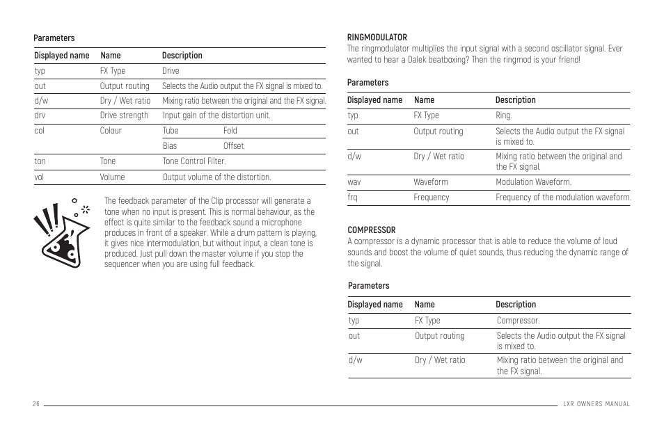 Ringmodulator compressor, Pattern generator mode | Erica Synths LXR-02 Drum Machine Synthesizer User Manual | Page 26 / 44