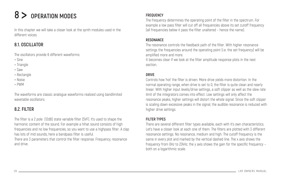 Operation modes, Oscillator, Filter | Frequency resonance drive, Filter types, Pattern generator mode | Erica Synths LXR-02 Drum Machine Synthesizer User Manual | Page 28 / 44