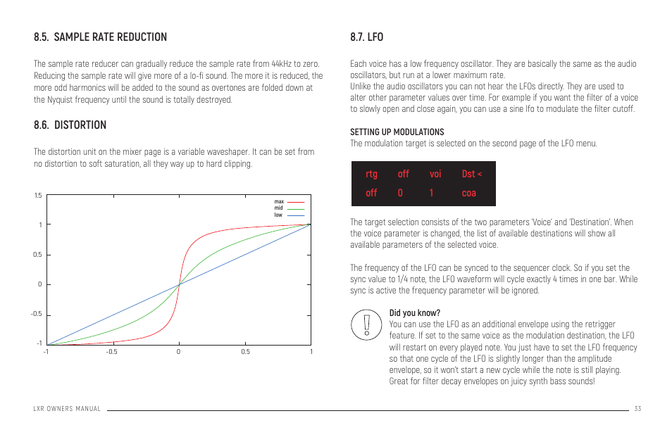 Sample rate reduction, Distortion, Setting up modulations | Pattern generator mode | Erica Synths LXR-02 Drum Machine Synthesizer User Manual | Page 33 / 44