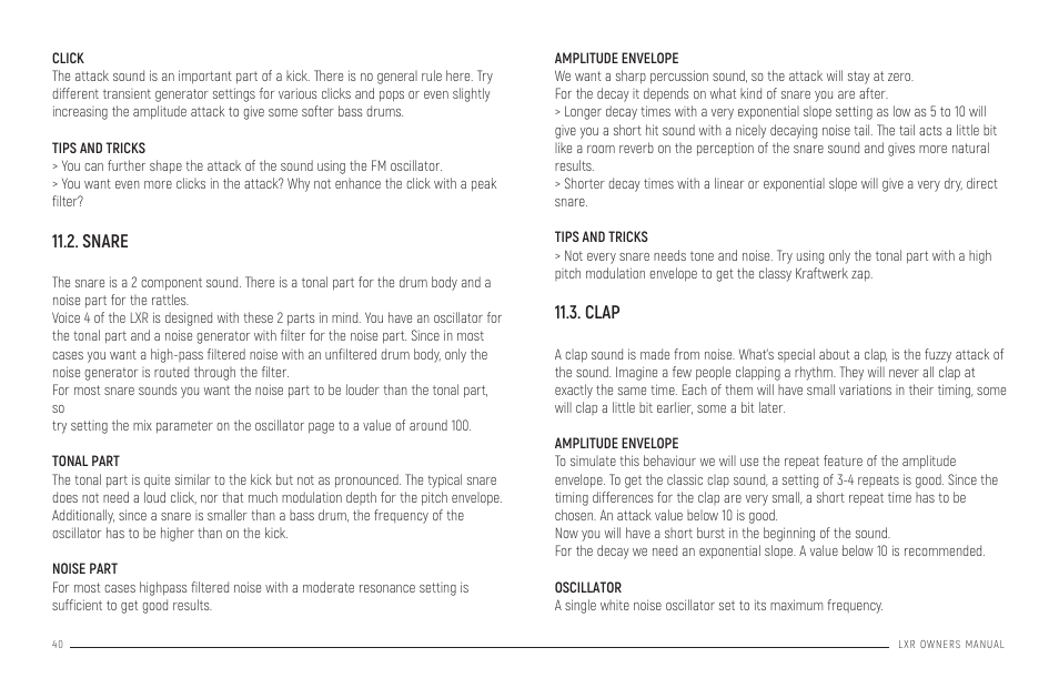 Snare, Clap, Pattern generator mode | Erica Synths LXR-02 Drum Machine Synthesizer User Manual | Page 40 / 44