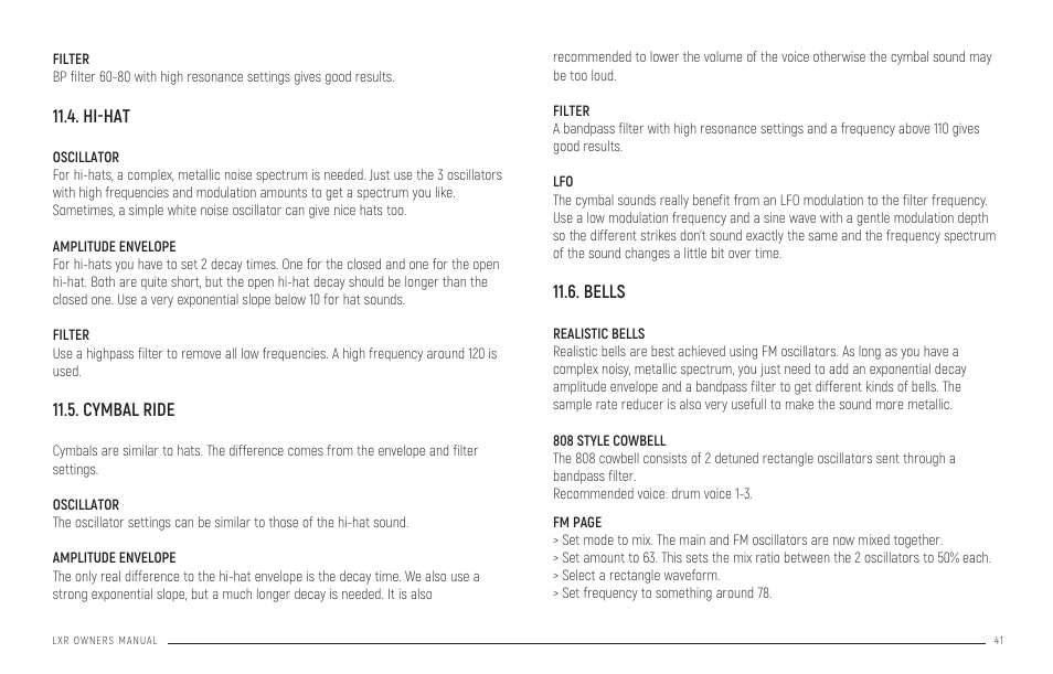 Hi-hat, Cymbal ride, Bells | Realistic bells 808 style cowbell | Erica Synths LXR-02 Drum Machine Synthesizer User Manual | Page 41 / 44