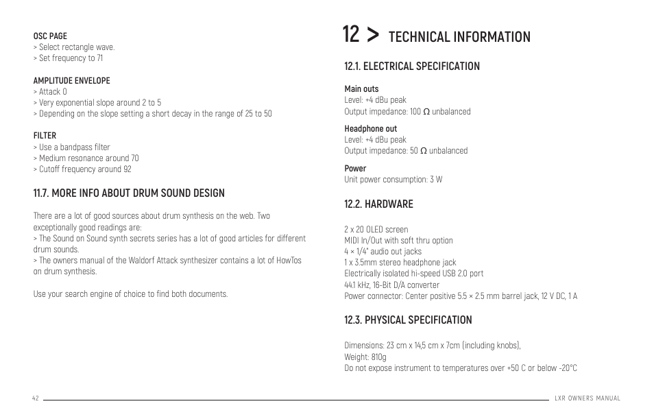 More info about drum sound design, Technical information, Electrical specification | Hardware, Physical specification | Erica Synths LXR-02 Drum Machine Synthesizer User Manual | Page 42 / 44