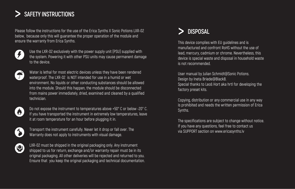 Safety instructions, Disposal | Erica Synths LXR-02 Drum Machine Synthesizer User Manual | Page 43 / 44