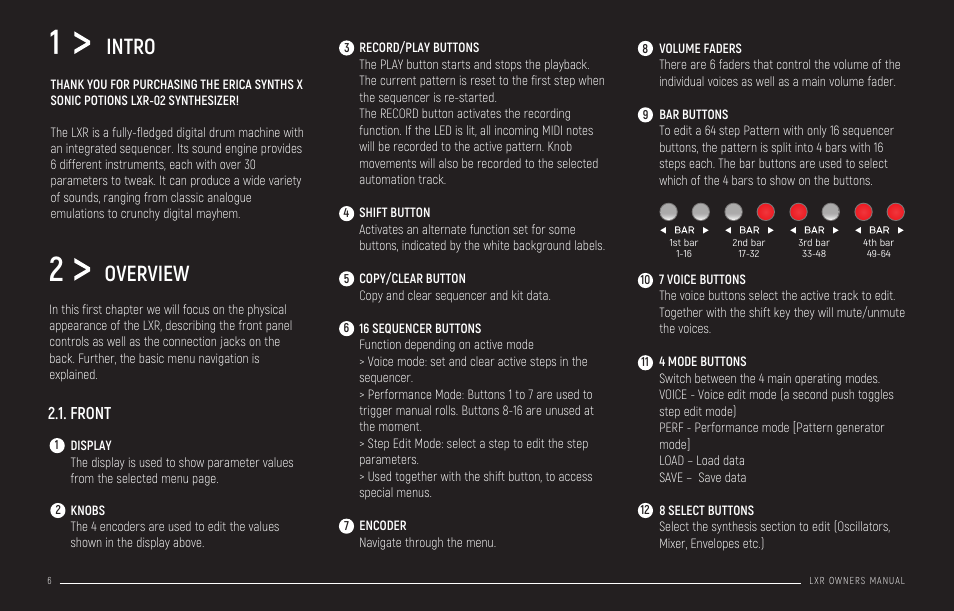 Intro, Overview, Front | Pattern generator mode | Erica Synths LXR-02 Drum Machine Synthesizer User Manual | Page 6 / 44