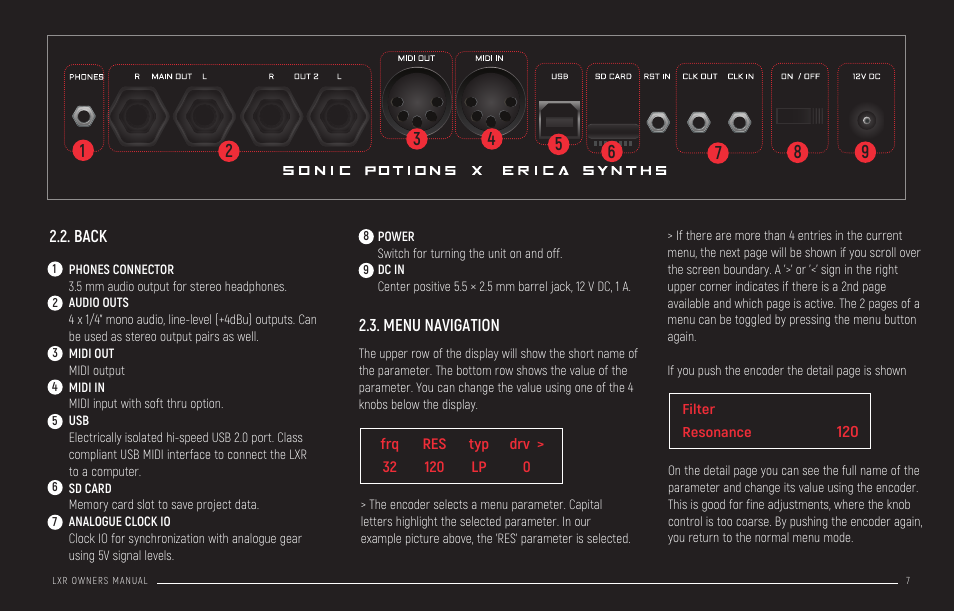 Back, Menu navigation, Back 2.3. menu navigation | Pattern generator mode | Erica Synths LXR-02 Drum Machine Synthesizer User Manual | Page 7 / 44