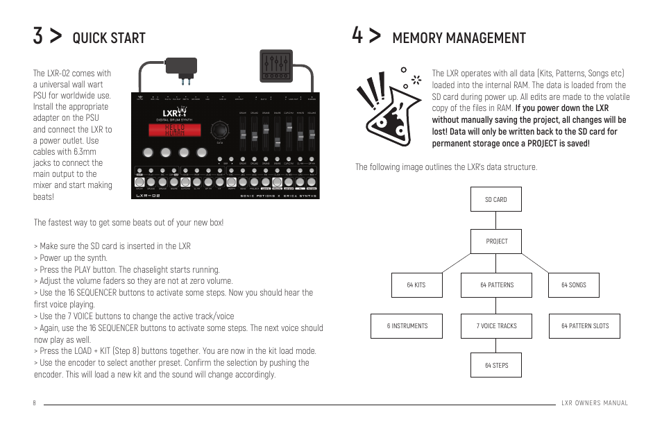 Quick start, Memory management, Pattern generator mode | Erica Synths LXR-02 Drum Machine Synthesizer User Manual | Page 8 / 44