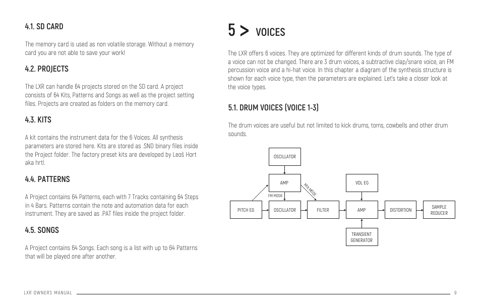 Sd card, Projects, Kits | Patterns, Songs, Voices, Drum voices (voice 1-3), Pattern generator mode | Erica Synths LXR-02 Drum Machine Synthesizer User Manual | Page 9 / 44