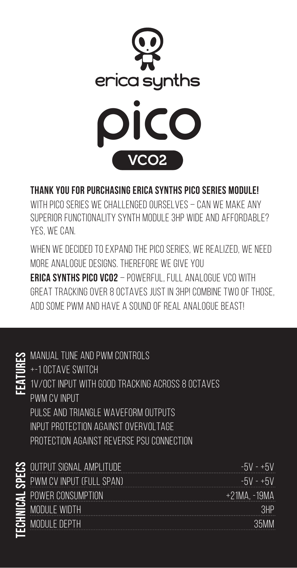 Erica Synths Pico VCO2 Eurorack Module (3 HP) User Manual | 3 pages