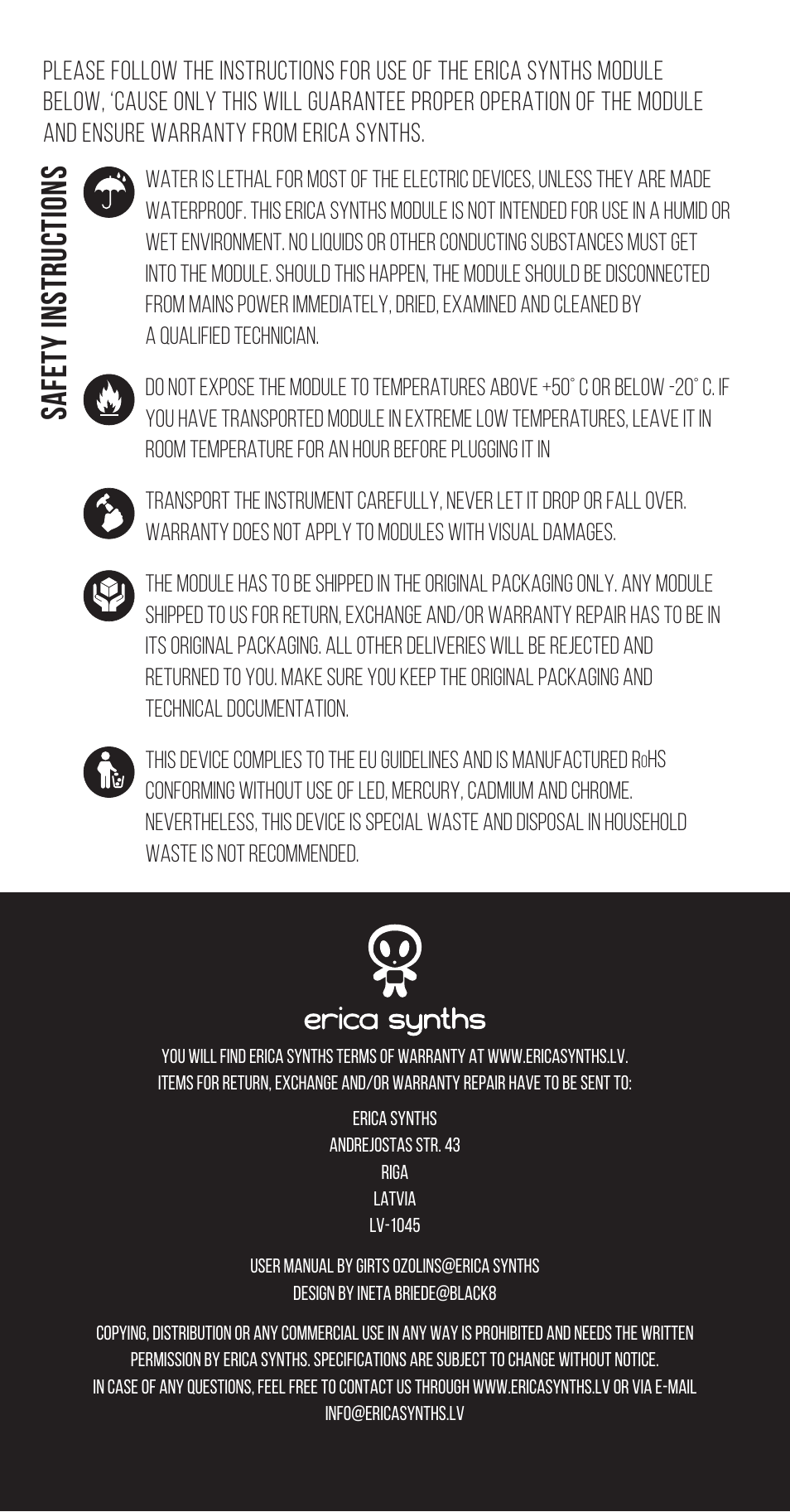 Safety instructions | Erica Synths Pico VCO2 Eurorack Module (3 HP) User Manual | Page 3 / 3